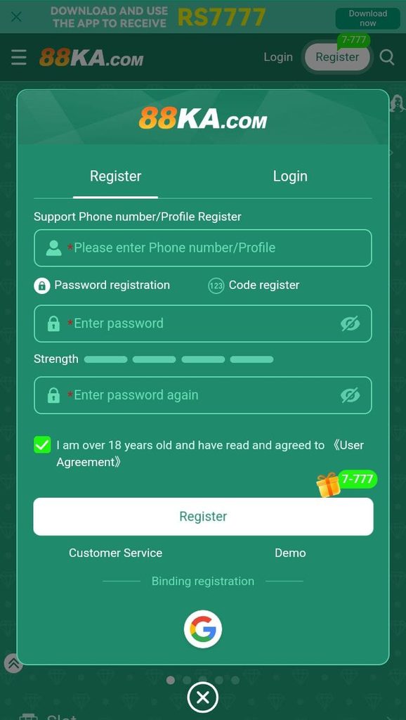 88KA Game login screen